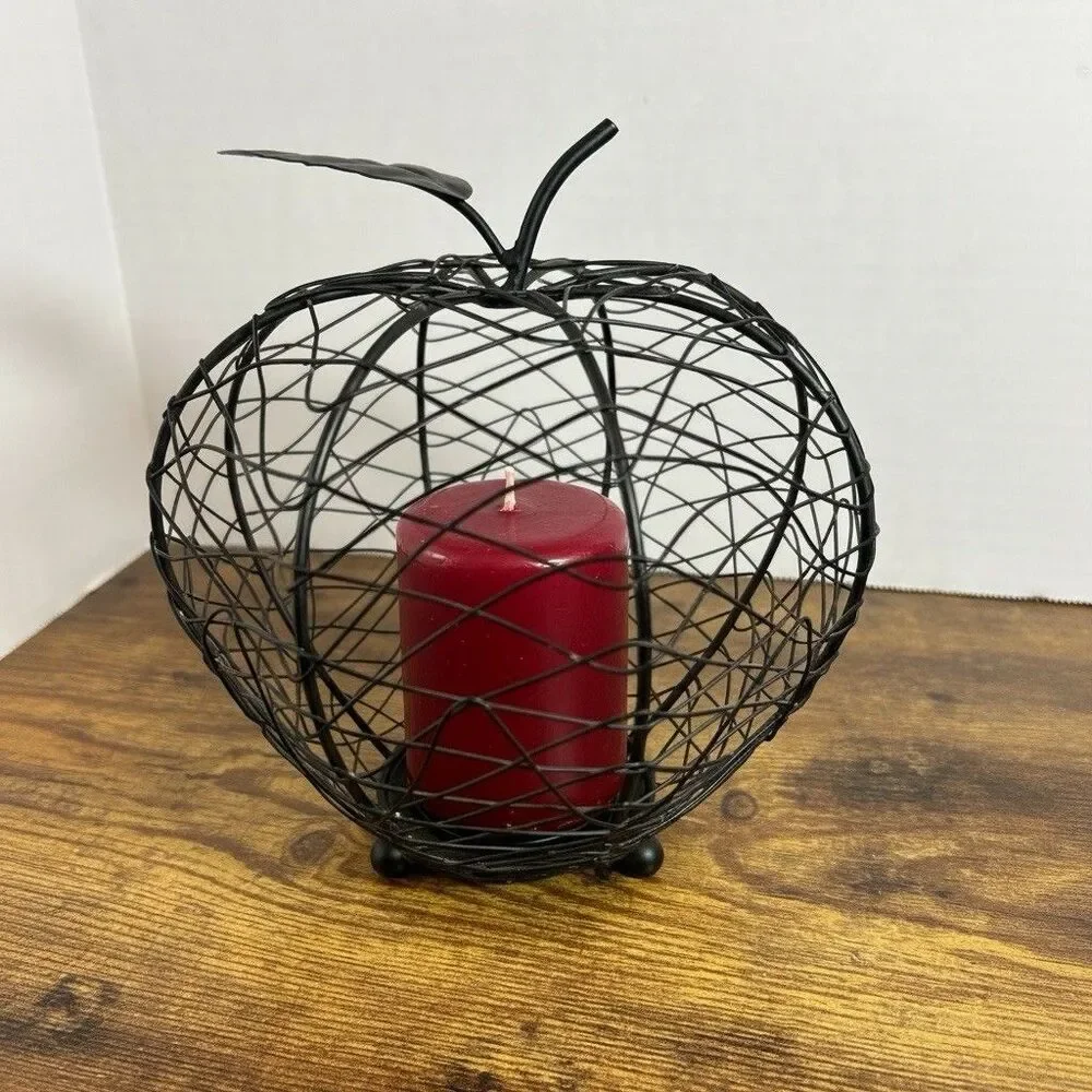 Vintage Black Wire Apple Candle Holder Teacher Fall Gift Farmhouse Decor 7 inch
